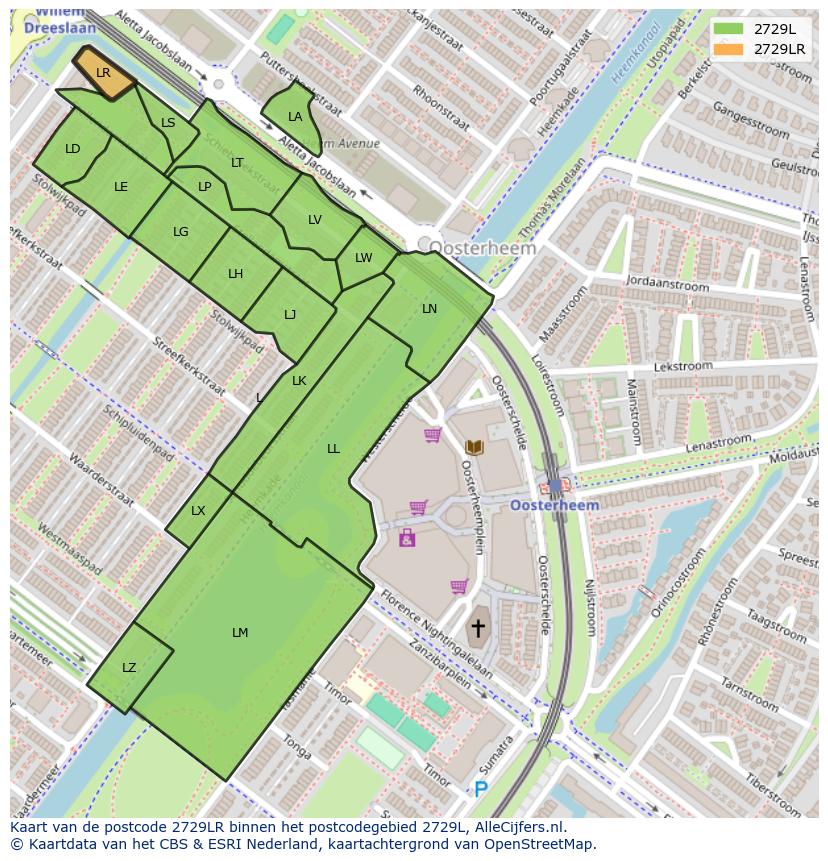 Afbeelding van het postcodegebied 2729 LR op de kaart.