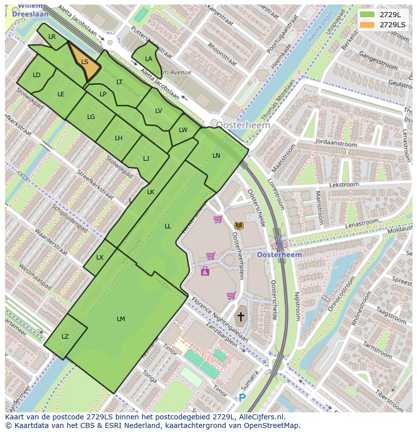 Afbeelding van het postcodegebied 2729 LS op de kaart.