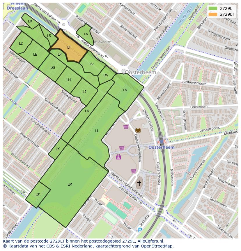 Afbeelding van het postcodegebied 2729 LT op de kaart.