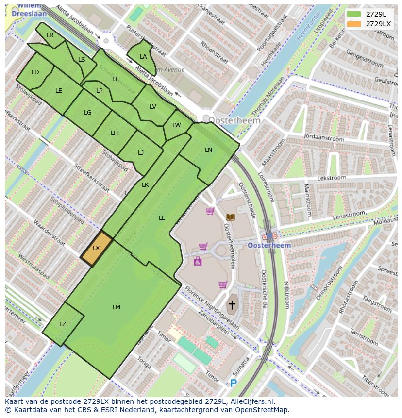 Afbeelding van het postcodegebied 2729 LX op de kaart.