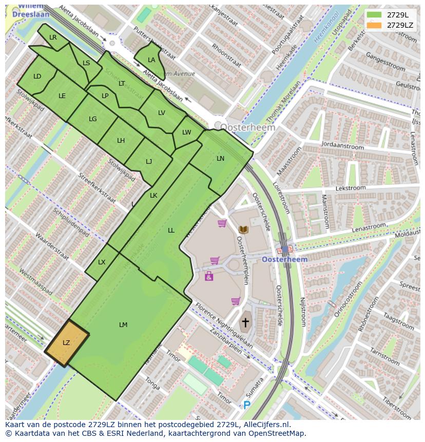 Afbeelding van het postcodegebied 2729 LZ op de kaart.