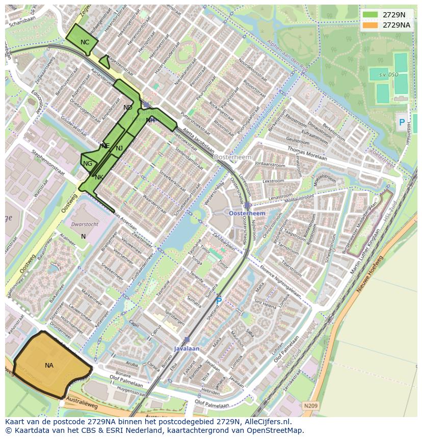 Afbeelding van het postcodegebied 2729 NA op de kaart.