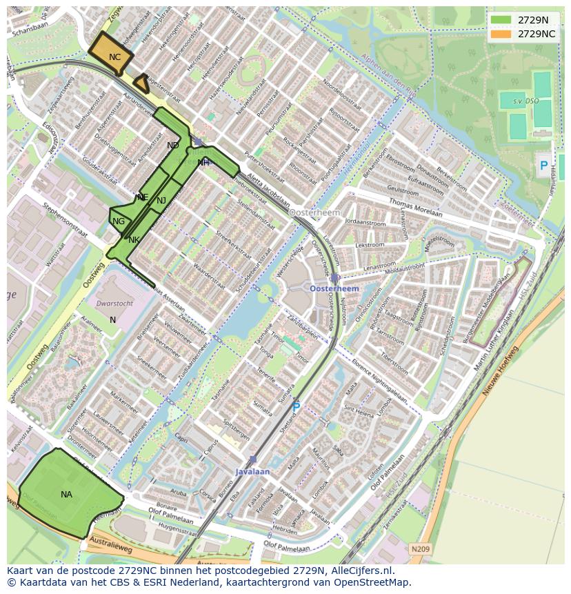 Afbeelding van het postcodegebied 2729 NC op de kaart.