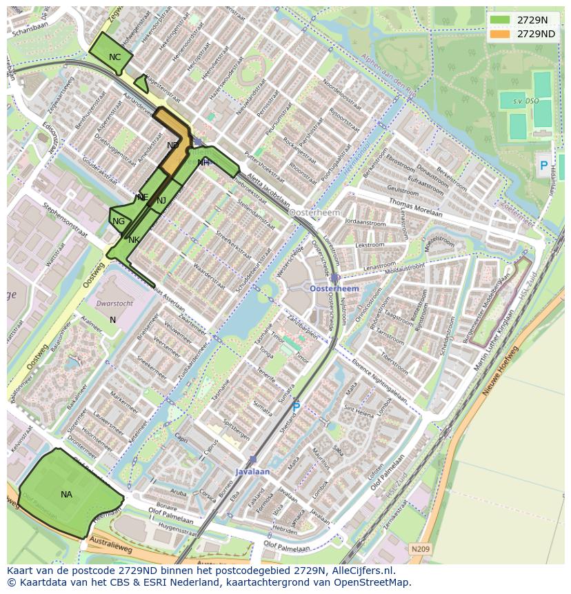 Afbeelding van het postcodegebied 2729 ND op de kaart.