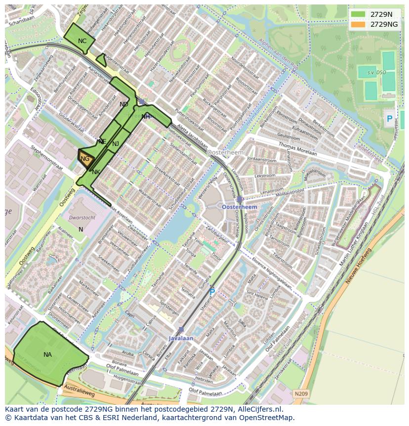 Afbeelding van het postcodegebied 2729 NG op de kaart.