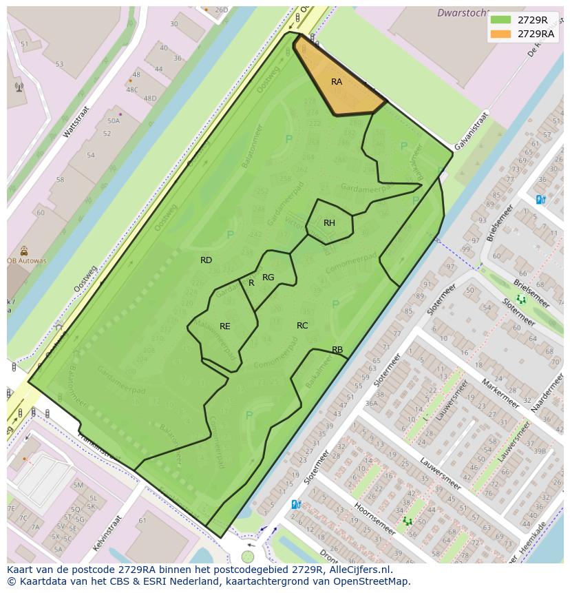 Afbeelding van het postcodegebied 2729 RA op de kaart.