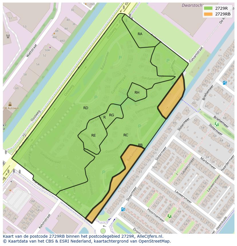 Afbeelding van het postcodegebied 2729 RB op de kaart.