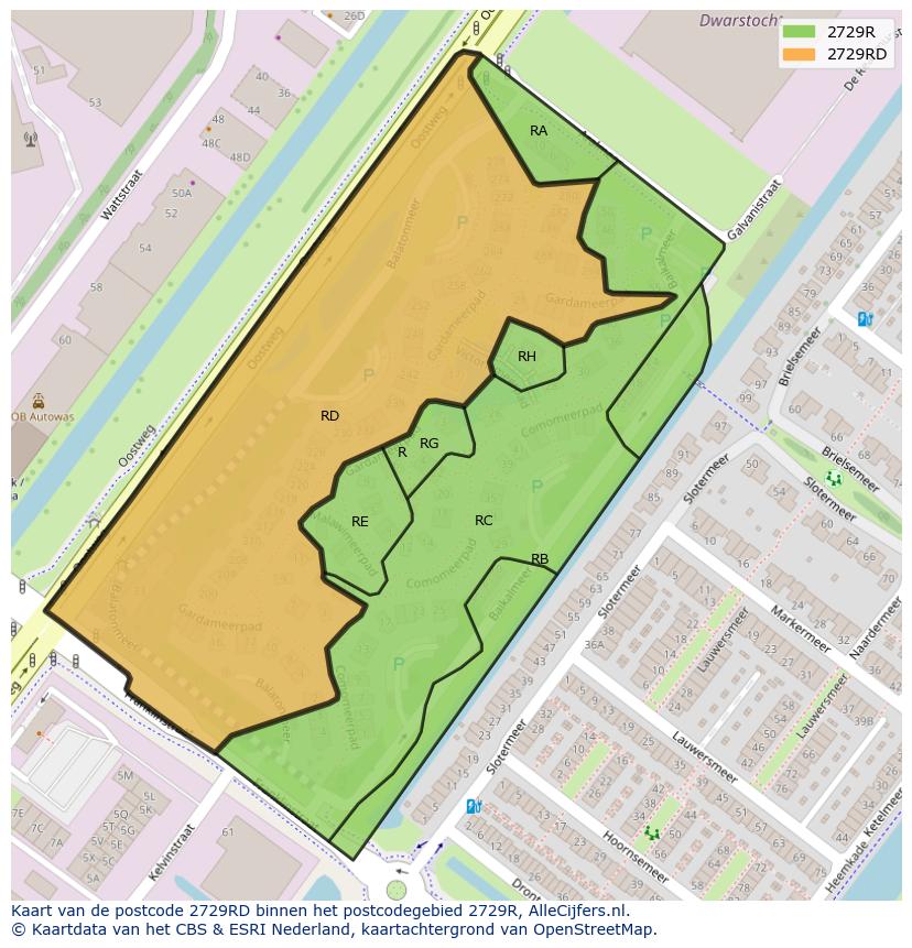 Afbeelding van het postcodegebied 2729 RD op de kaart.