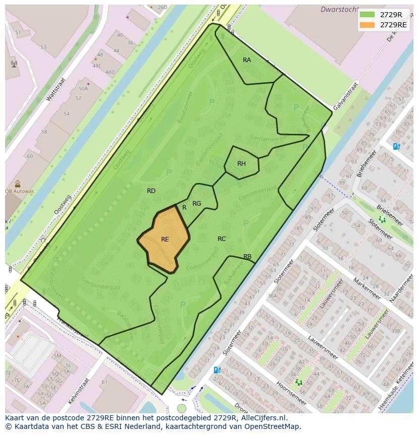 Afbeelding van het postcodegebied 2729 RE op de kaart.