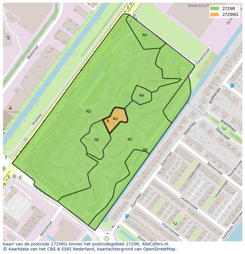 Afbeelding van het postcodegebied 2729 RG op de kaart.