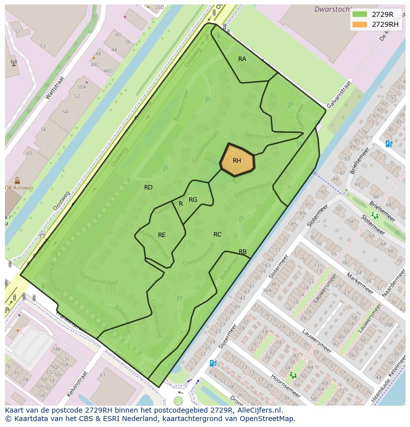 Afbeelding van het postcodegebied 2729 RH op de kaart.