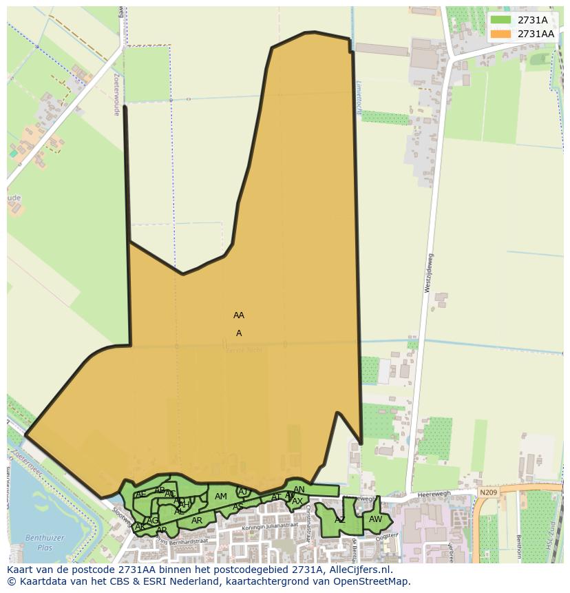 Afbeelding van het postcodegebied 2731 AA op de kaart.