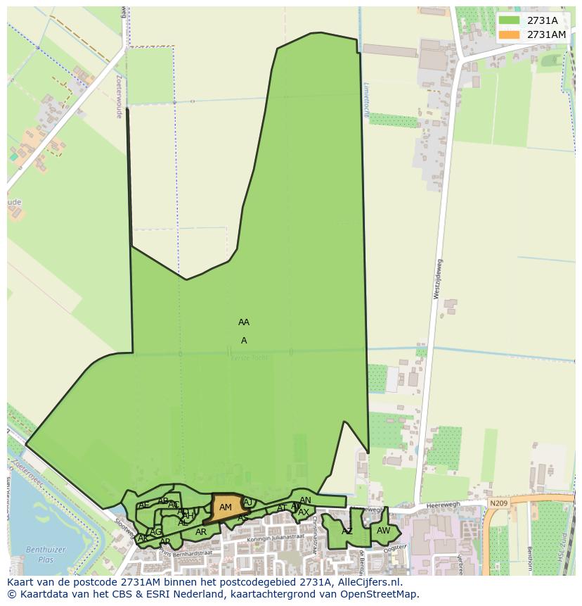 Afbeelding van het postcodegebied 2731 AM op de kaart.