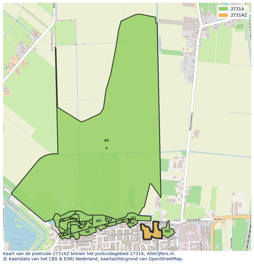 Afbeelding van het postcodegebied 2731 AZ op de kaart.