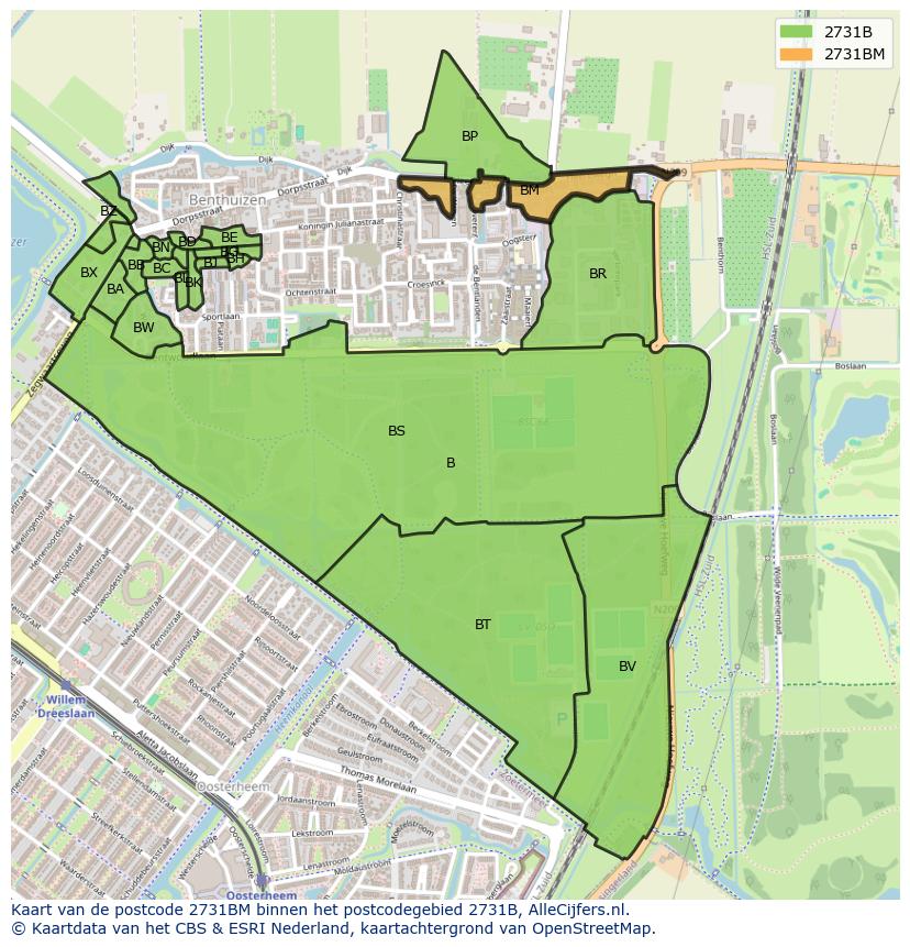 Afbeelding van het postcodegebied 2731 BM op de kaart.