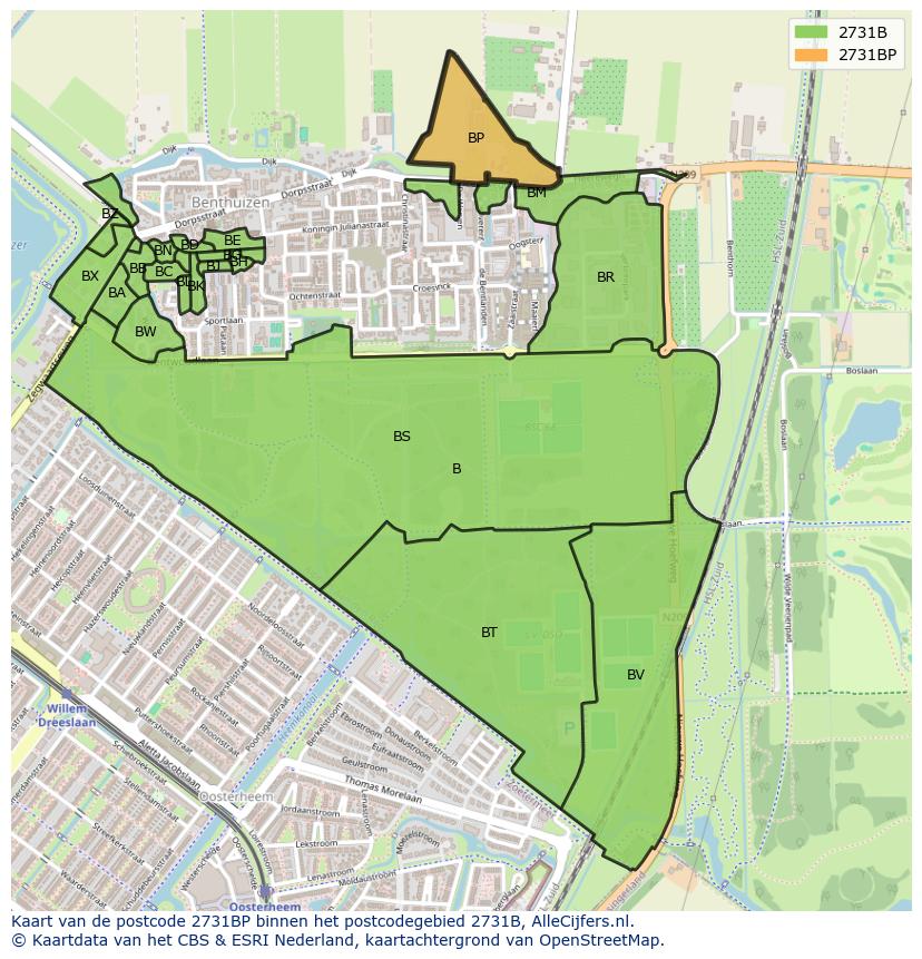 Afbeelding van het postcodegebied 2731 BP op de kaart.