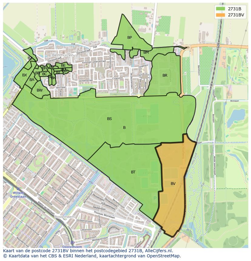 Afbeelding van het postcodegebied 2731 BV op de kaart.