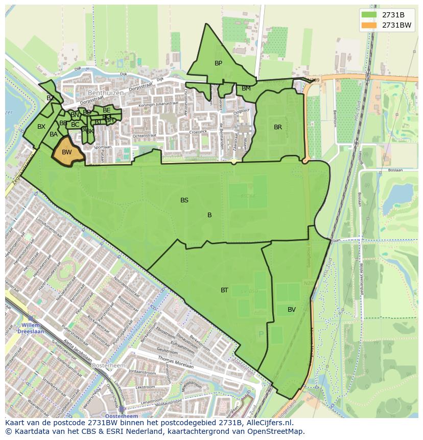 Afbeelding van het postcodegebied 2731 BW op de kaart.
