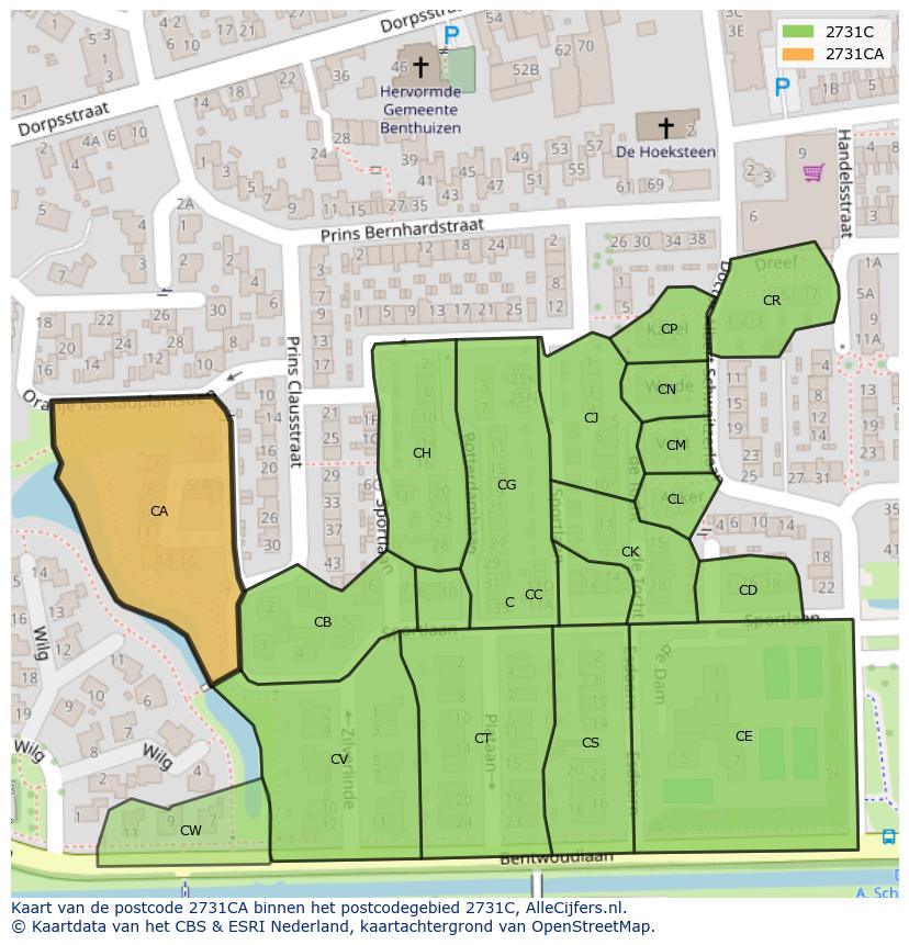 Afbeelding van het postcodegebied 2731 CA op de kaart.