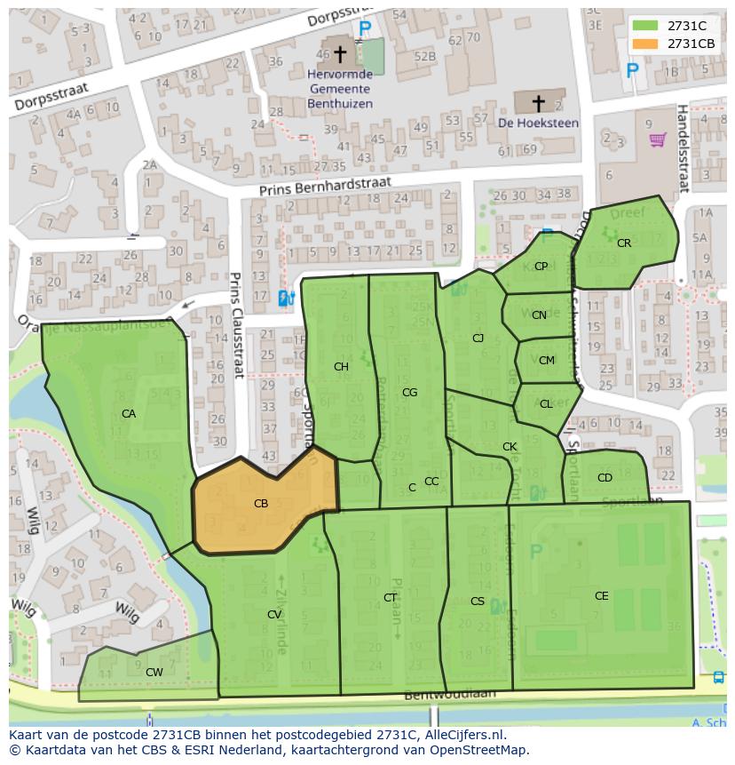 Afbeelding van het postcodegebied 2731 CB op de kaart.