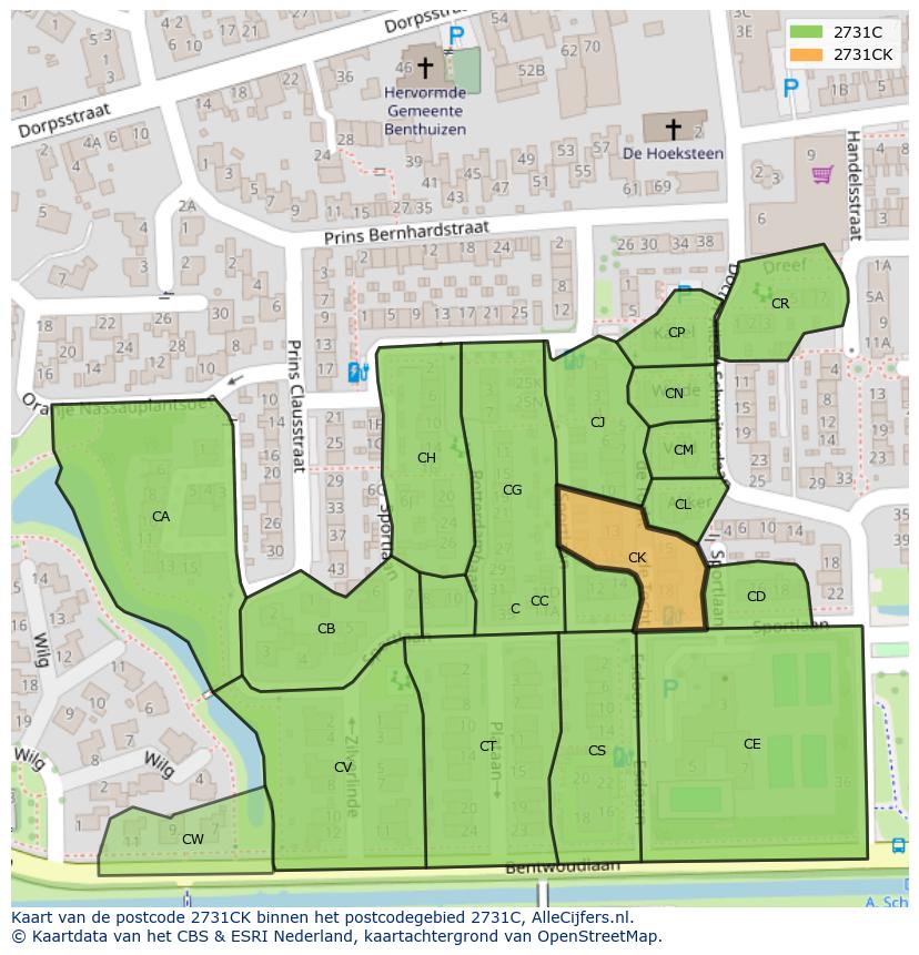 Afbeelding van het postcodegebied 2731 CK op de kaart.