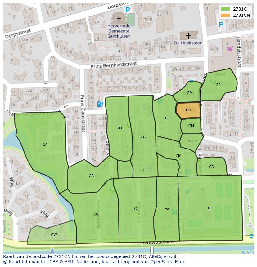 Afbeelding van het postcodegebied 2731 CN op de kaart.