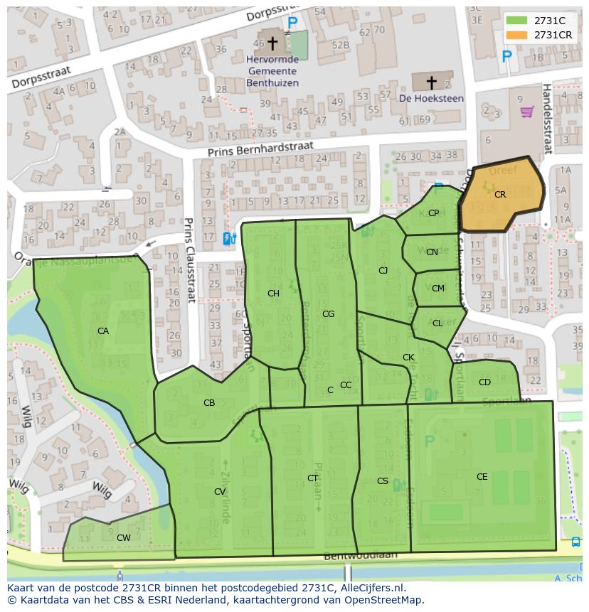Afbeelding van het postcodegebied 2731 CR op de kaart.