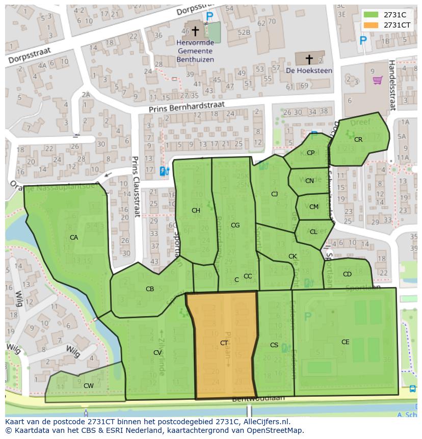 Afbeelding van het postcodegebied 2731 CT op de kaart.