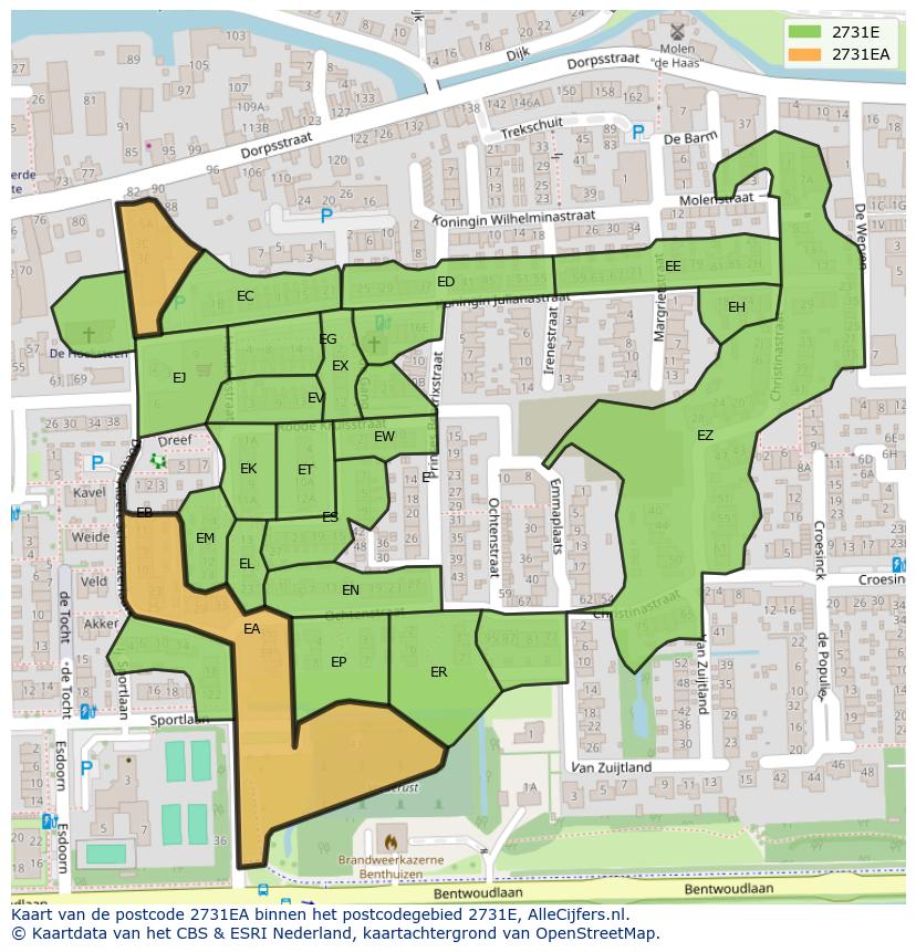 Afbeelding van het postcodegebied 2731 EA op de kaart.