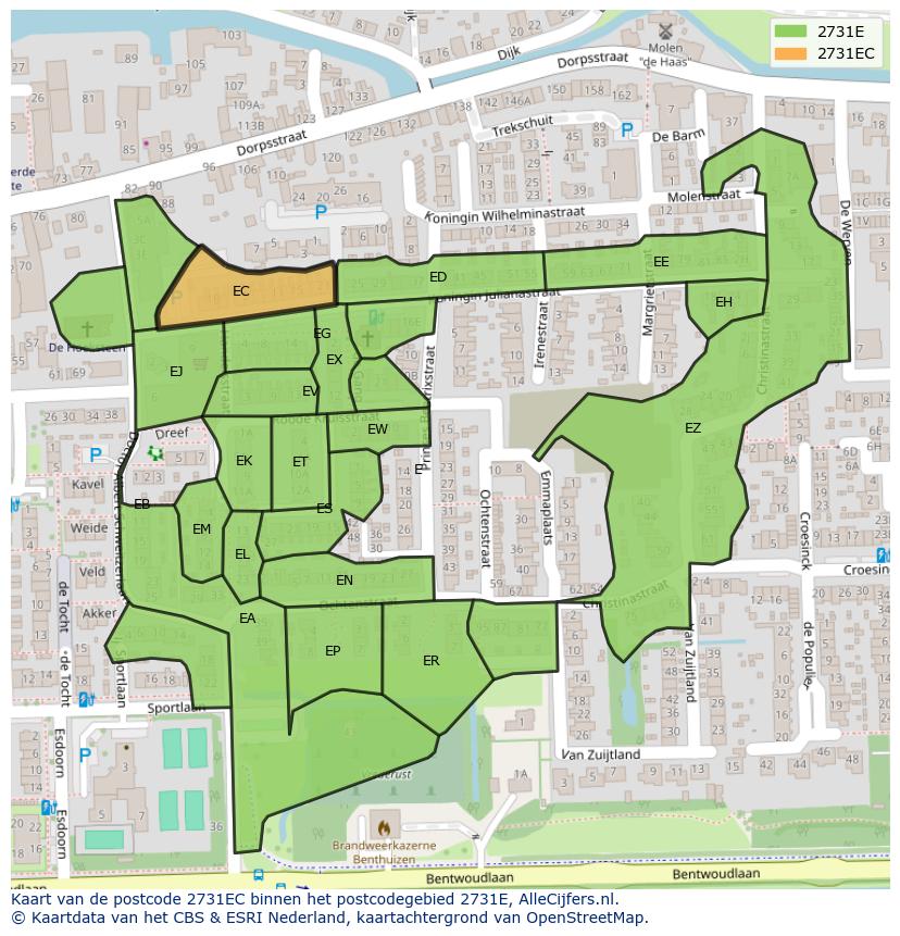 Afbeelding van het postcodegebied 2731 EC op de kaart.