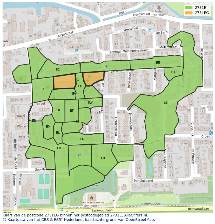 Afbeelding van het postcodegebied 2731 EG op de kaart.