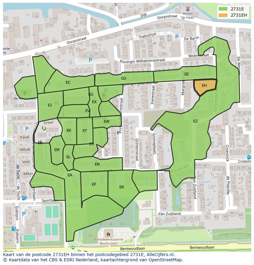 Afbeelding van het postcodegebied 2731 EH op de kaart.