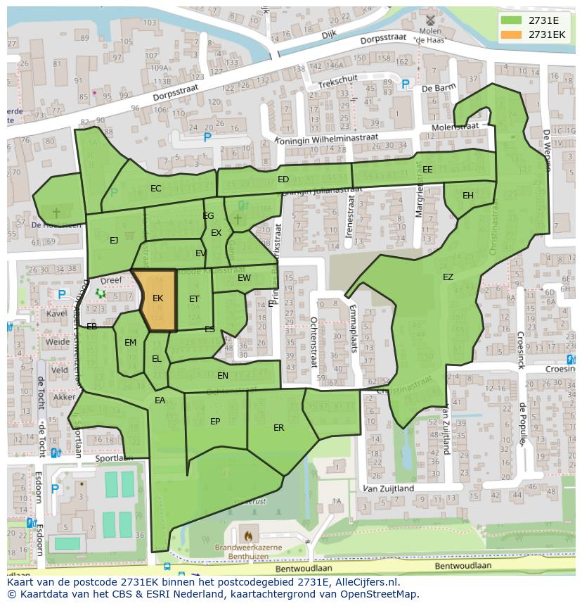 Afbeelding van het postcodegebied 2731 EK op de kaart.