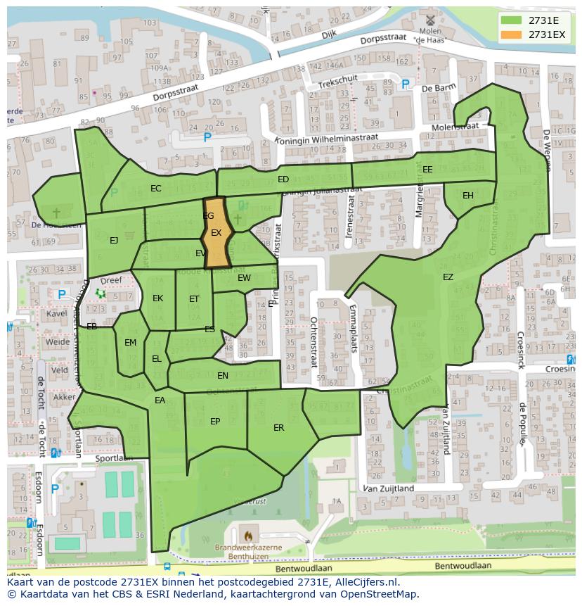 Afbeelding van het postcodegebied 2731 EX op de kaart.