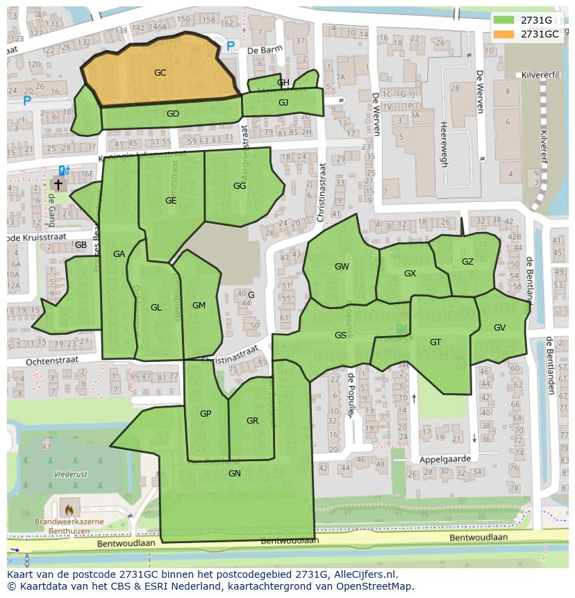 Afbeelding van het postcodegebied 2731 GC op de kaart.