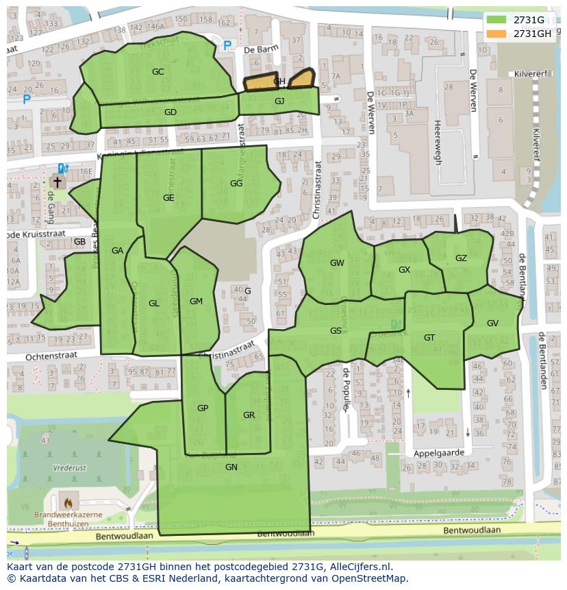 Afbeelding van het postcodegebied 2731 GH op de kaart.