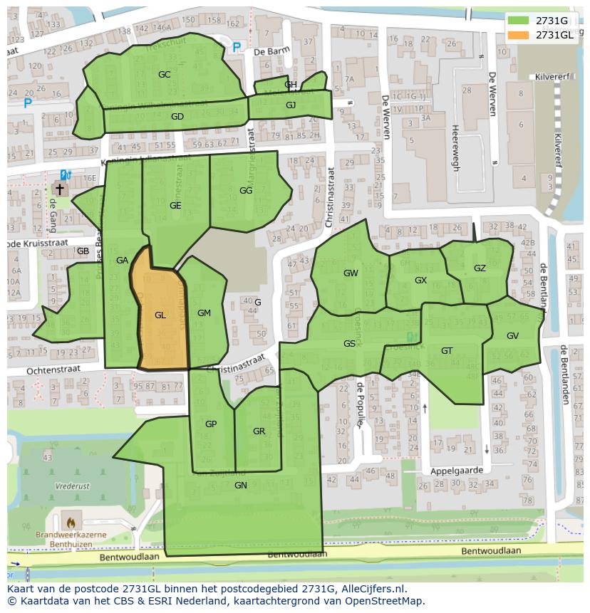 Afbeelding van het postcodegebied 2731 GL op de kaart.