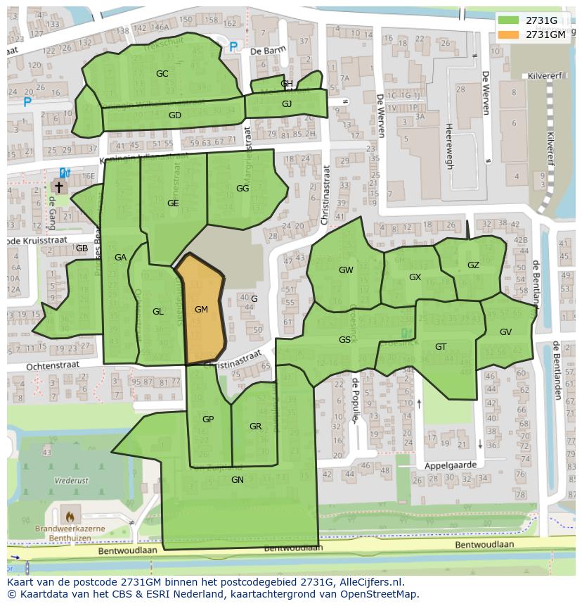 Afbeelding van het postcodegebied 2731 GM op de kaart.