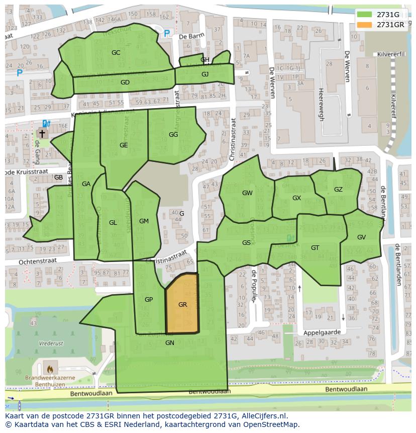Afbeelding van het postcodegebied 2731 GR op de kaart.
