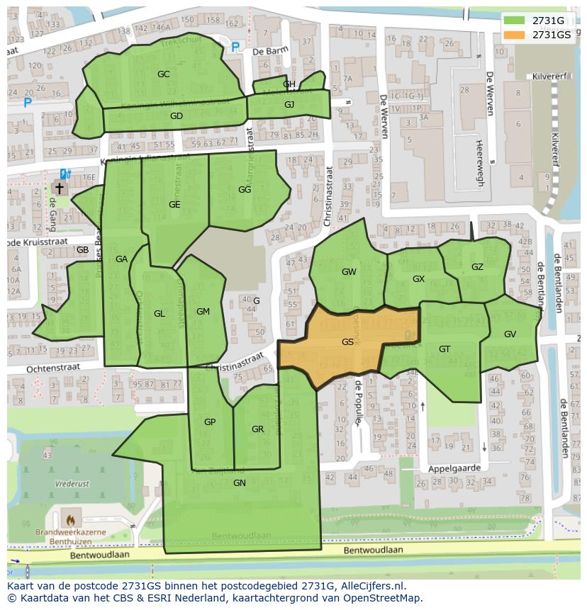 Afbeelding van het postcodegebied 2731 GS op de kaart.