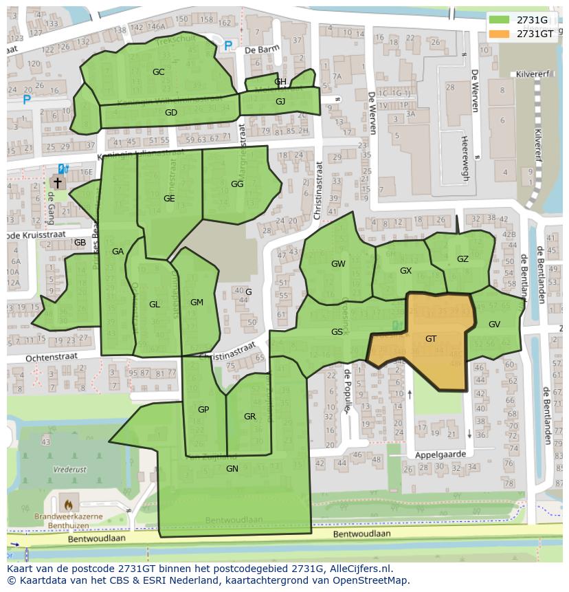 Afbeelding van het postcodegebied 2731 GT op de kaart.