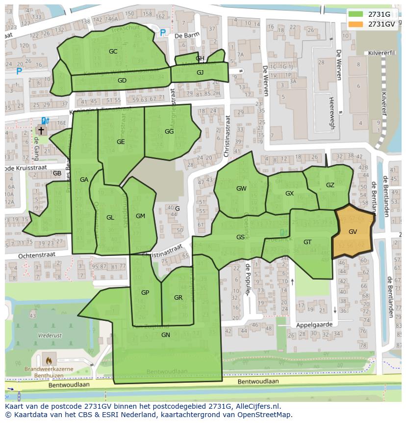 Afbeelding van het postcodegebied 2731 GV op de kaart.