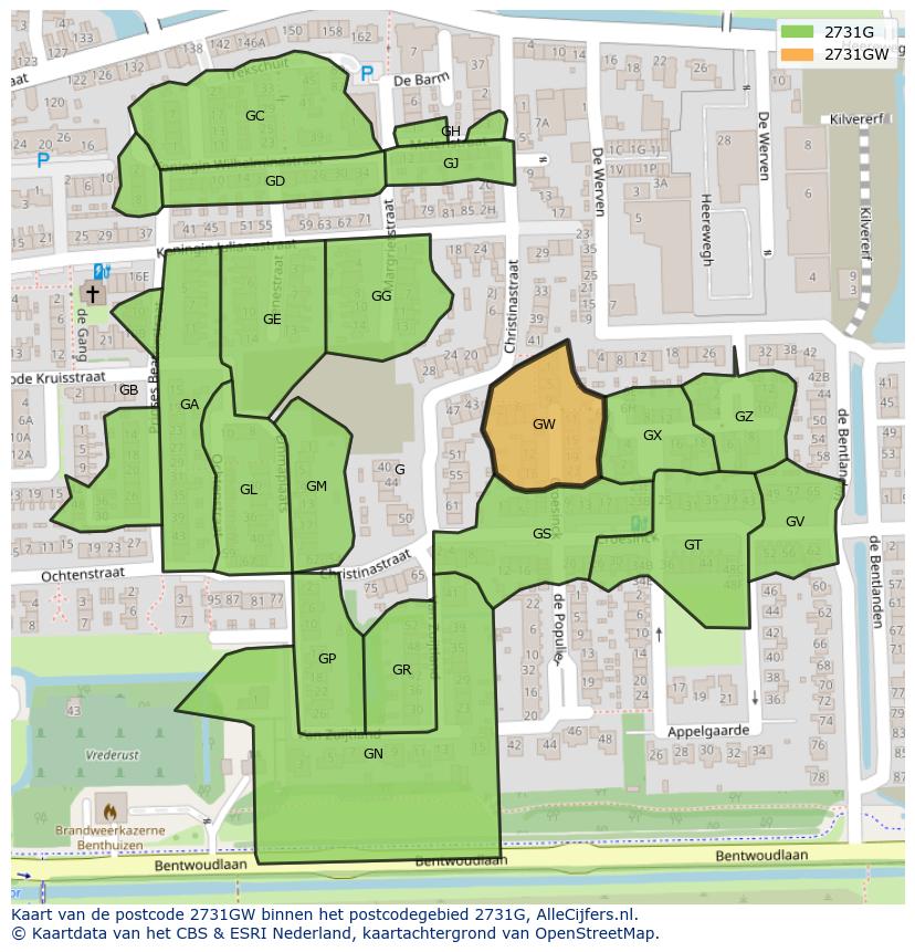 Afbeelding van het postcodegebied 2731 GW op de kaart.