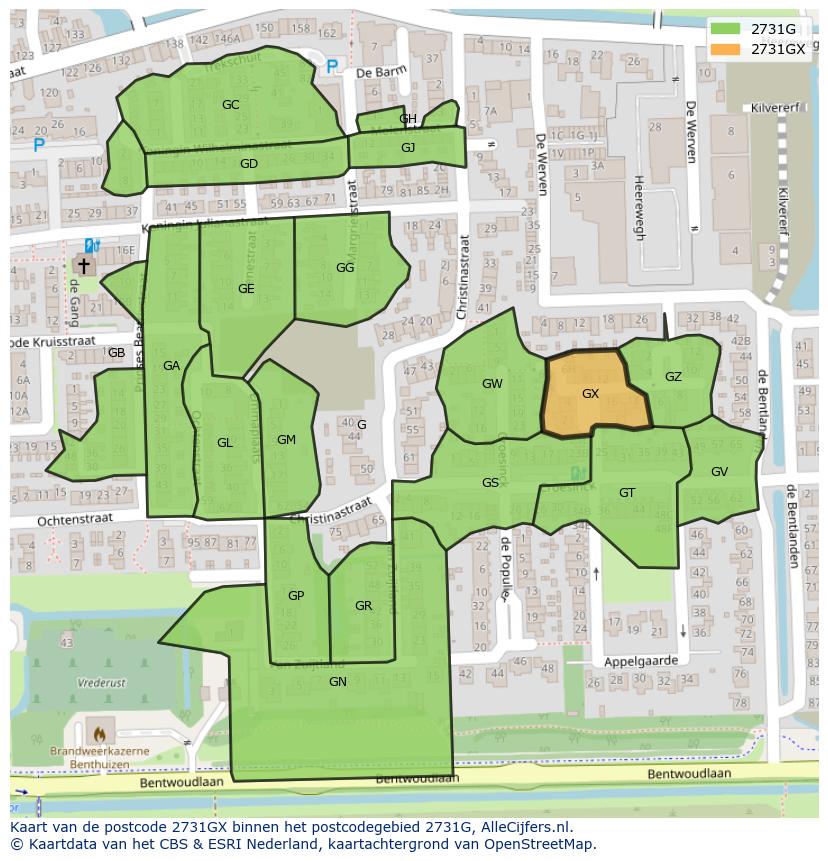 Afbeelding van het postcodegebied 2731 GX op de kaart.