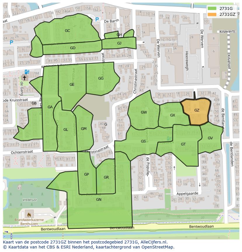 Afbeelding van het postcodegebied 2731 GZ op de kaart.