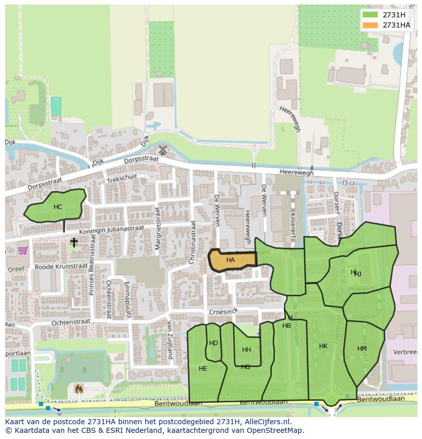 Afbeelding van het postcodegebied 2731 HA op de kaart.