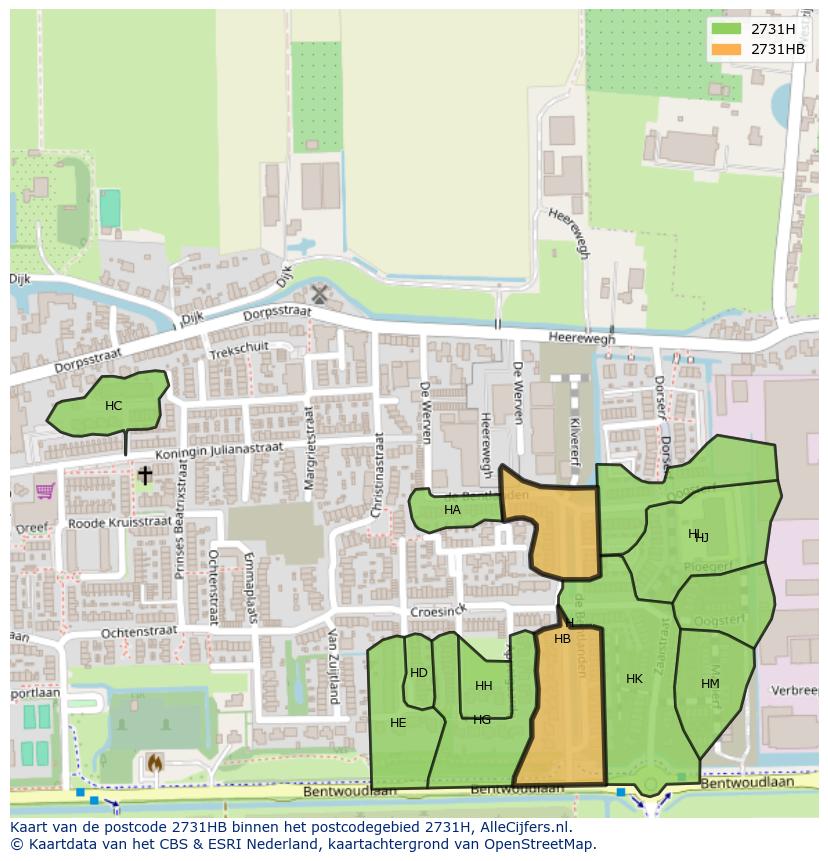 Afbeelding van het postcodegebied 2731 HB op de kaart.