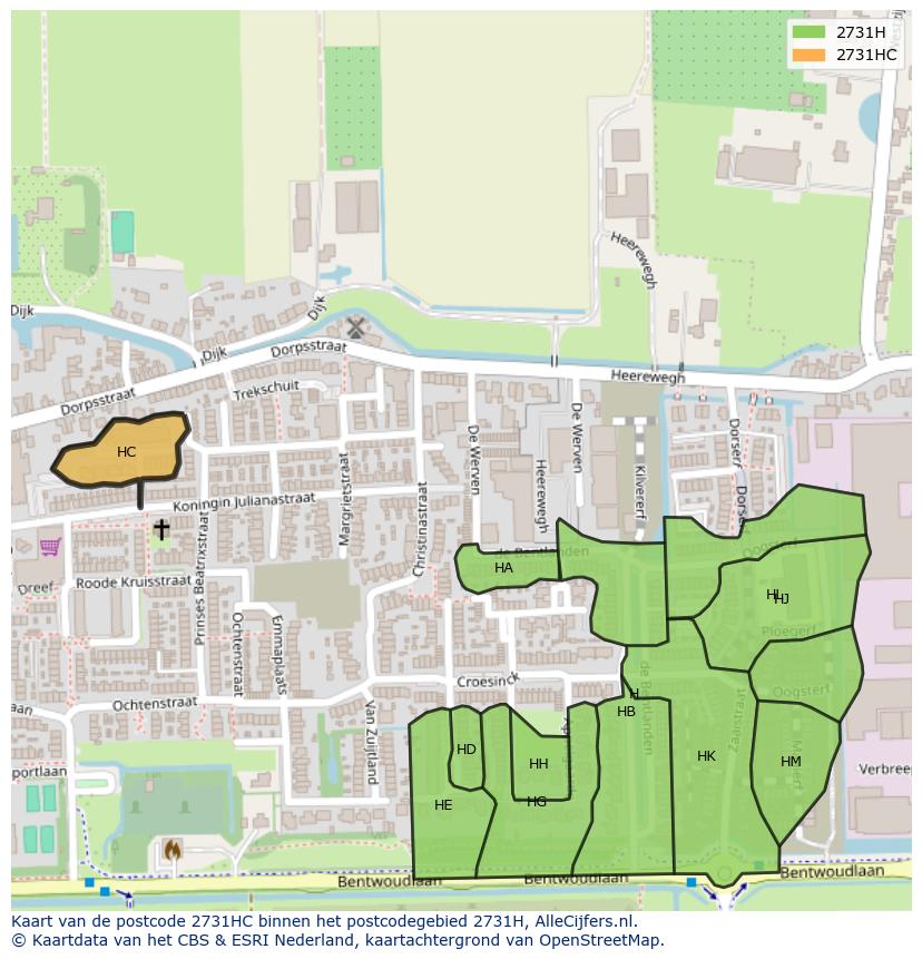 Afbeelding van het postcodegebied 2731 HC op de kaart.