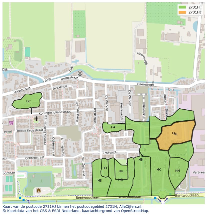Afbeelding van het postcodegebied 2731 HJ op de kaart.