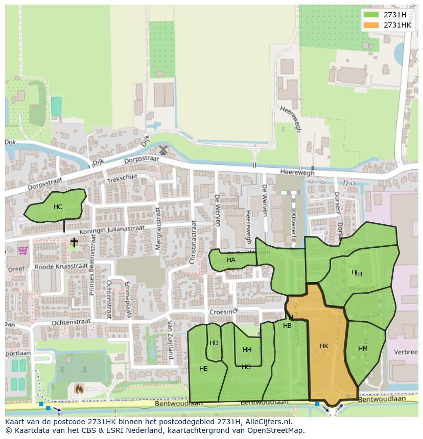 Afbeelding van het postcodegebied 2731 HK op de kaart.